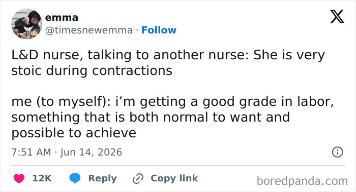 Funny parenting tweet about a stoic mom during contractions, getting a good grade in labor.