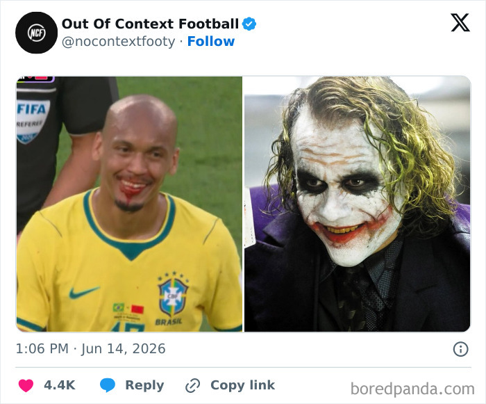 A World Cup 2026 meme comparing a smiling football player with blood on his mouth to the Joker, capturing the chaos.