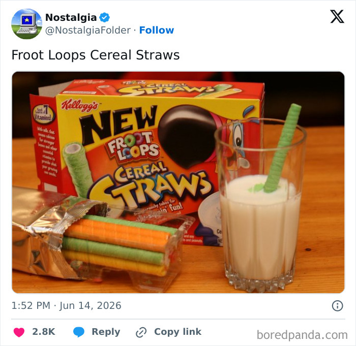 A box of Froot Loops Cereal Straws next to a glass of milk with a green cereal straw, evoking nostalgia.