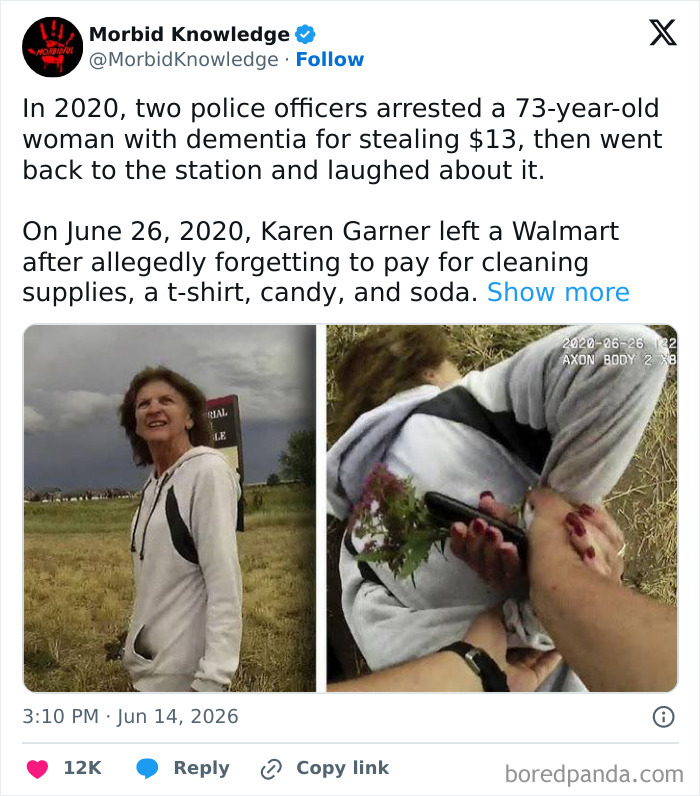 A split image showing Karen Garner outside and being apprehended, depicting morbid and sad stories from her life.