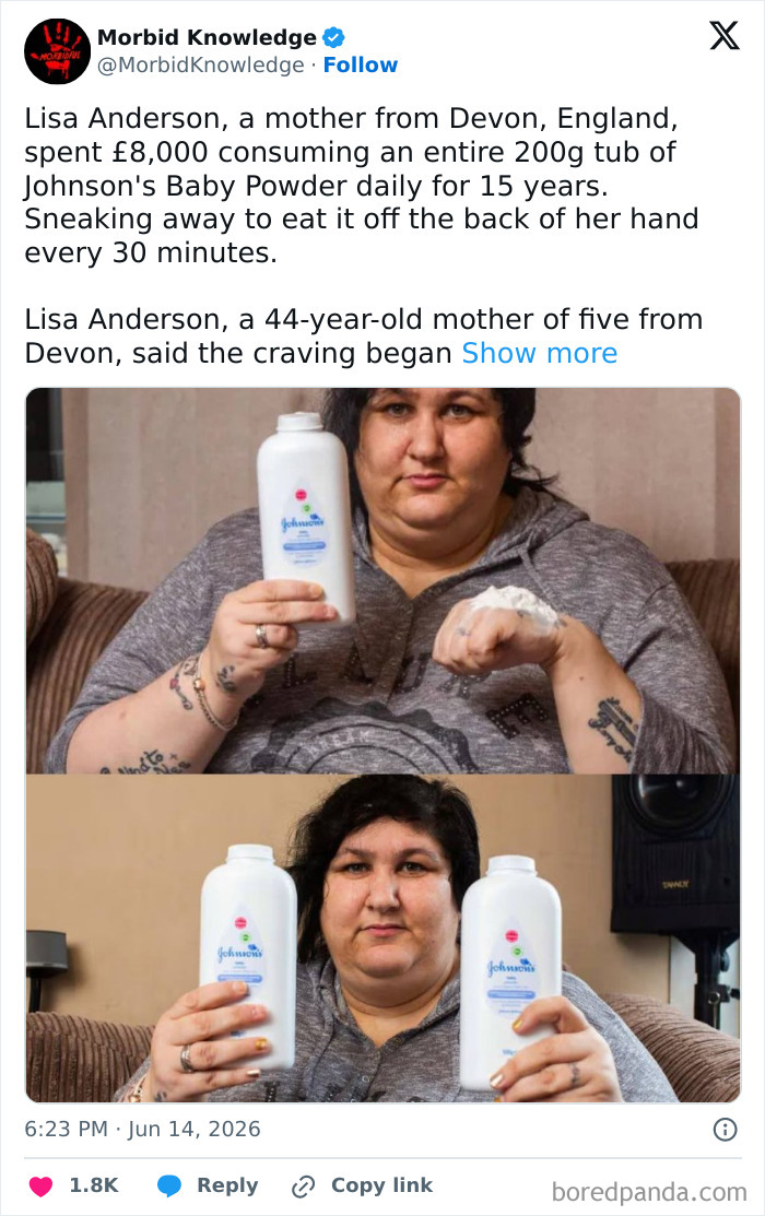Two images of Lisa Anderson with Johnson's Baby Powder, showcasing a morbid and sad story of her a*******n.
