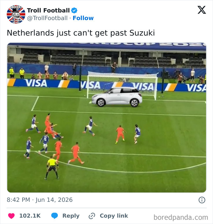 World Cup 2026 meme showing a Suzuki car blocking the goal in a soccer match, representing a tough defense.