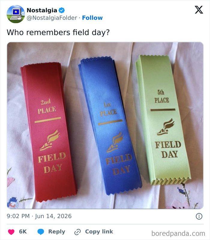 Three Field Day ribbons for 2nd Place, 1st Place, and 5th Place, evoking nostalgic memories of childhood events.