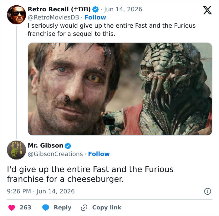 A meme with a character from District 9 and an alien, expressing a desire for a sequel. Funniest pop culture posts.