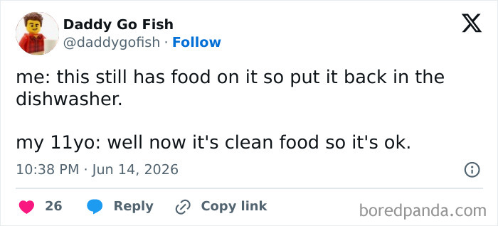 A funny parenting tweet about a child saying dirty food becomes clean.