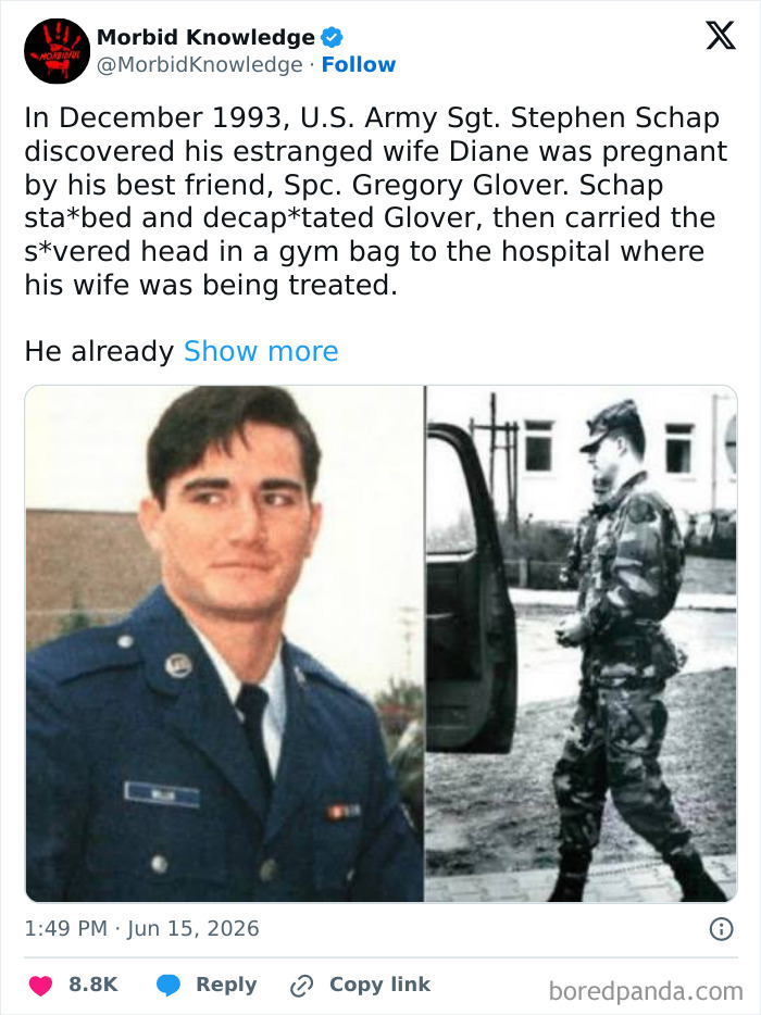 A split image of U.S. Army Sgt. Stephen Schap in uniform and in camouflage, linked to a morbid and sad story.