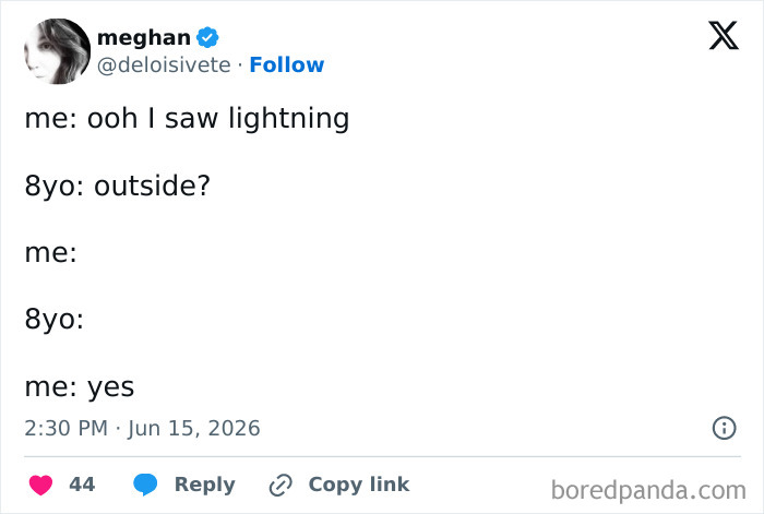 A funny parenting tweet detailing a conversation between a parent and their 8-year-old about lightning.
