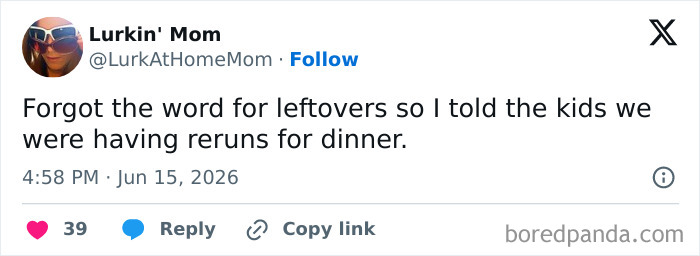 A funny parenting tweet from Lurkin Mom about calling dinner leftovers 'reruns' for the kids.