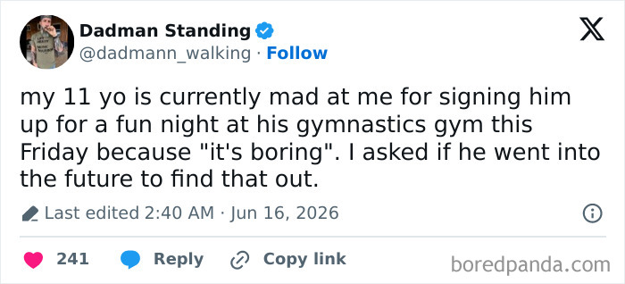 A funny parenting tweet from a dad about his 11-year-old being mad about gymnastics.