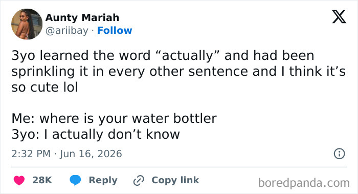 Funny parenting tweet about a 3yo who learned the word actually and uses it frequently.