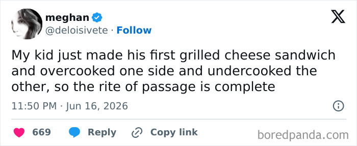 A funny parenting tweet celebrating a kid's first grilled cheese sandwich, overcooked and undercooked.
