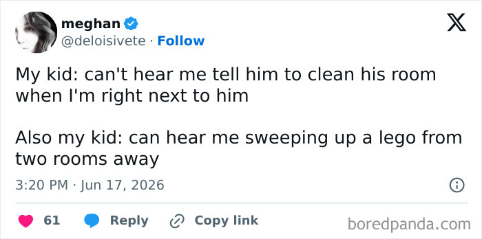 A funny parenting tweet contrasting a kid's selective hearing for cleaning vs. distant sounds.