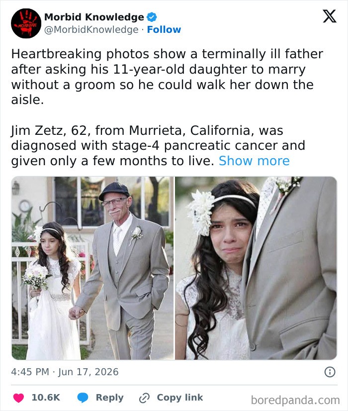 An 11-year-old girl in a white dress walks with her father. Morbid and sad stories of a father's last wish.