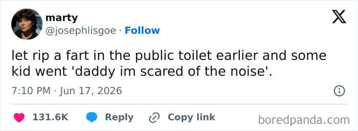 A funny tweet from @josephlisgoe about a fart in a public toilet and a kid's reaction, showcasing funny people on Twitter.