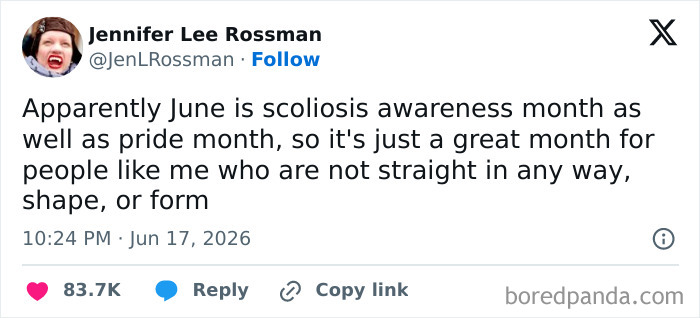 A funny tweet from June about scoliosis and pride month, showcasing funny people on Twitter.