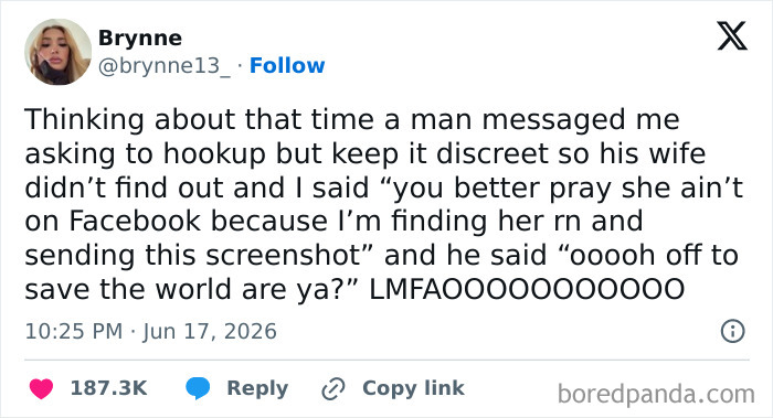 A tweet by Bryne about a man asking to hook up discreetly, illustrating funny people on Twitter.