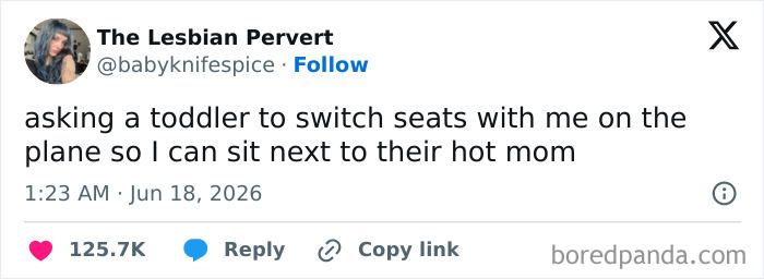 A funny tweet from June about asking a toddler to switch seats, from a list of funny people on Twitter.