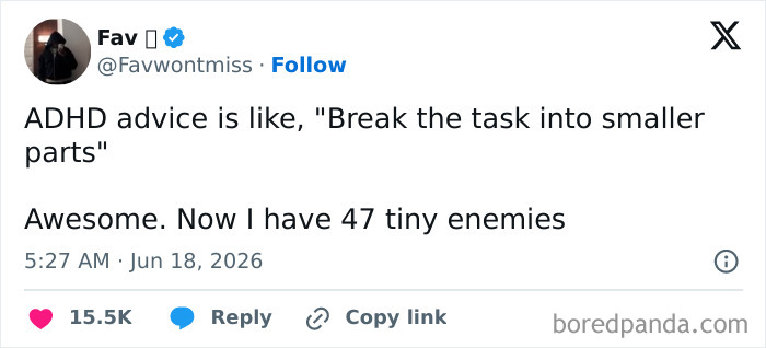 A humorous tweet from @Favwontmiss about ADHD advice and having tiny enemies, showcasing funny people on Twitter.