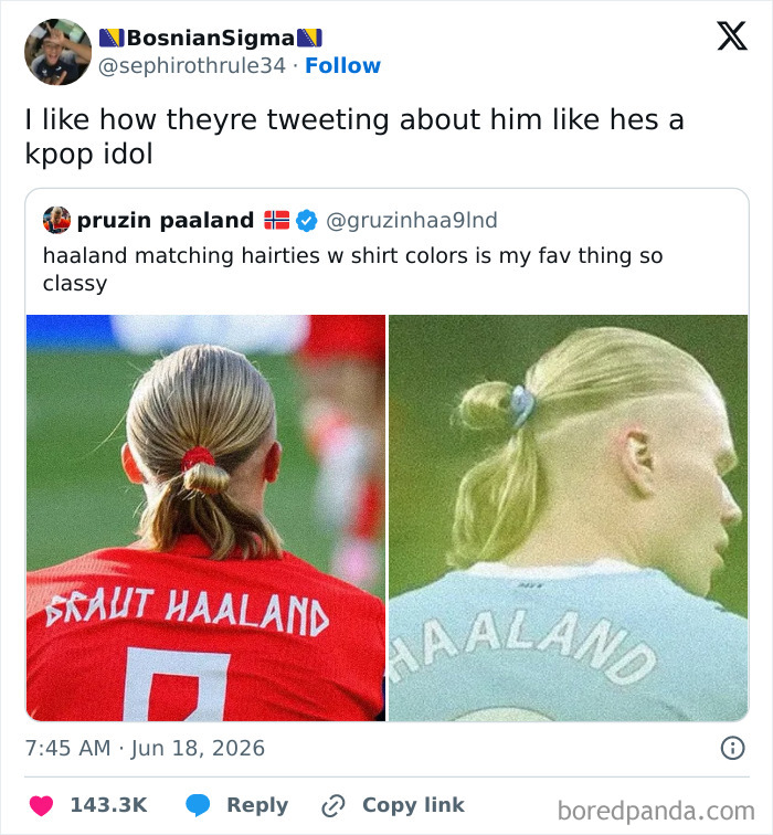 A split image of Erling Haaland's hairstyles and matching hair ties for funniest World Cup tweets.