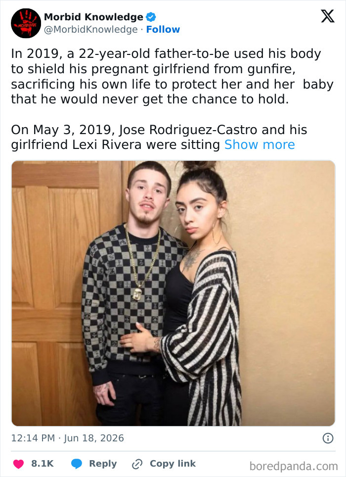 A young man and a pregnant woman stand together, the man shielding her. Morbid and sad stories of a hero's sacrifice.