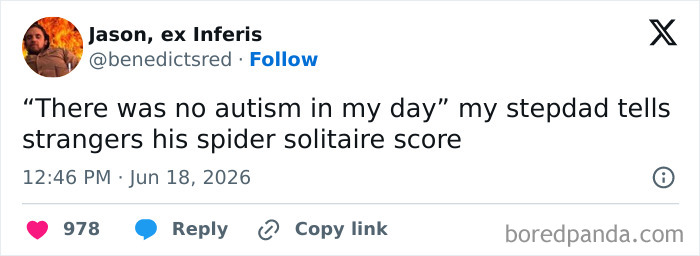 A tweet from Jason, ex Inferis, quoting his stepdad about autism and spider solitaire, exemplifying funny tweets.