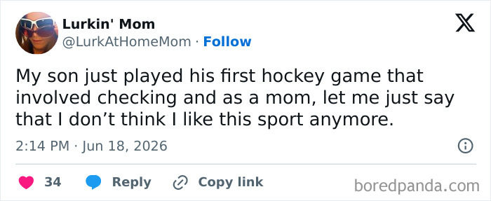 A funny parenting tweet about a mom's reaction to her son's first hockey game involving checking.