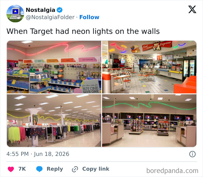 A collage showing different sections of an old Target store with neon lights, bringing back nostalgic memories.