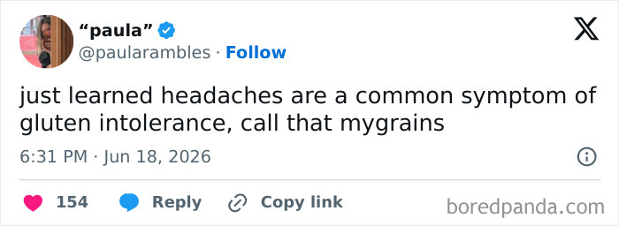 A funny tweet from June about gluten intolerance and headaches, from a selection of funny people on Twitter.