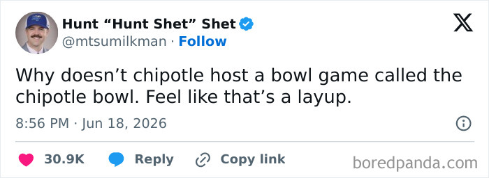 A screenshot of a funny tweet about Chipotle hosting a bowl game on Twitter.