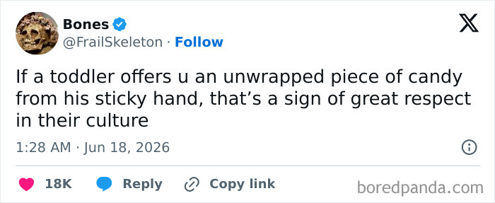 A screenshot of a funny tweet about toddlers offering candy as a sign of respect. Funnier people on Twitter.