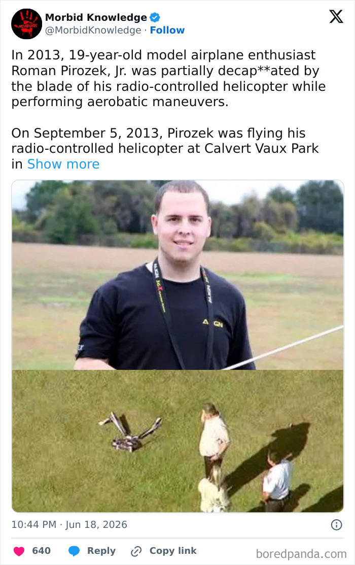 A young man smiling and a radio-controlled helicopter crashing on a grassy field. Morbid and sad stories of a tragic accident.