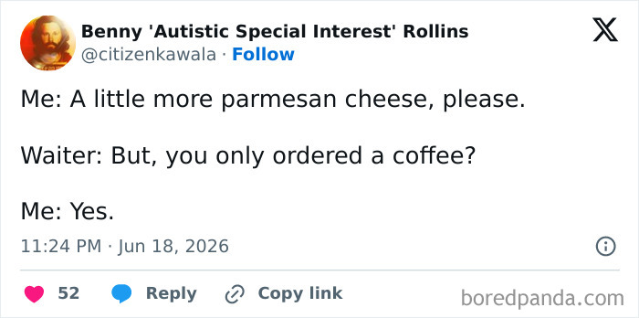 A tweet from Benny 'Autistic Special Interest' Rollins about asking for more parmesan cheese for coffee, highlighting funny tweets.