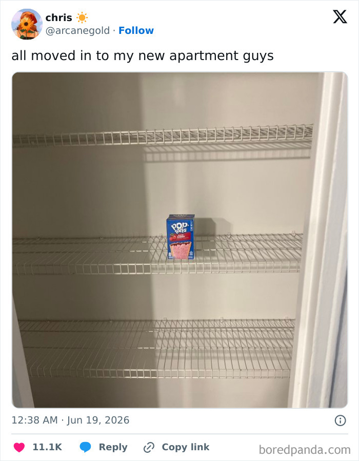 A screenshot of a funny tweet showing an empty apartment closet with one box of Pop-Tarts on Twitter.