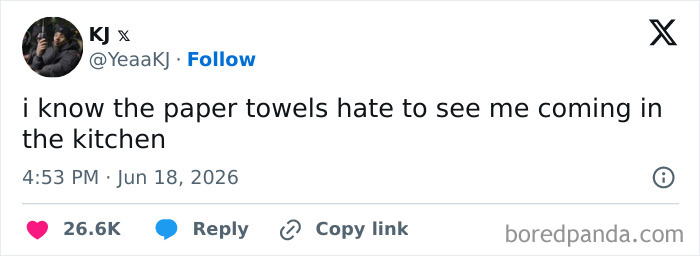 A screenshot of a funny tweet about paper towels hating to see someone coming into the kitchen on Twitter.