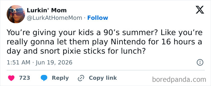 Funny parenting tweet about a 90s summer with kids playing Nintendo for hours and eating pixie sticks.