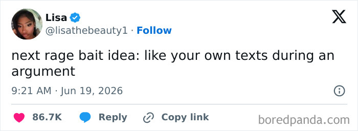 A screenshot of a funny tweet suggesting a rage bait idea to like your own texts during an argument on Twitter.