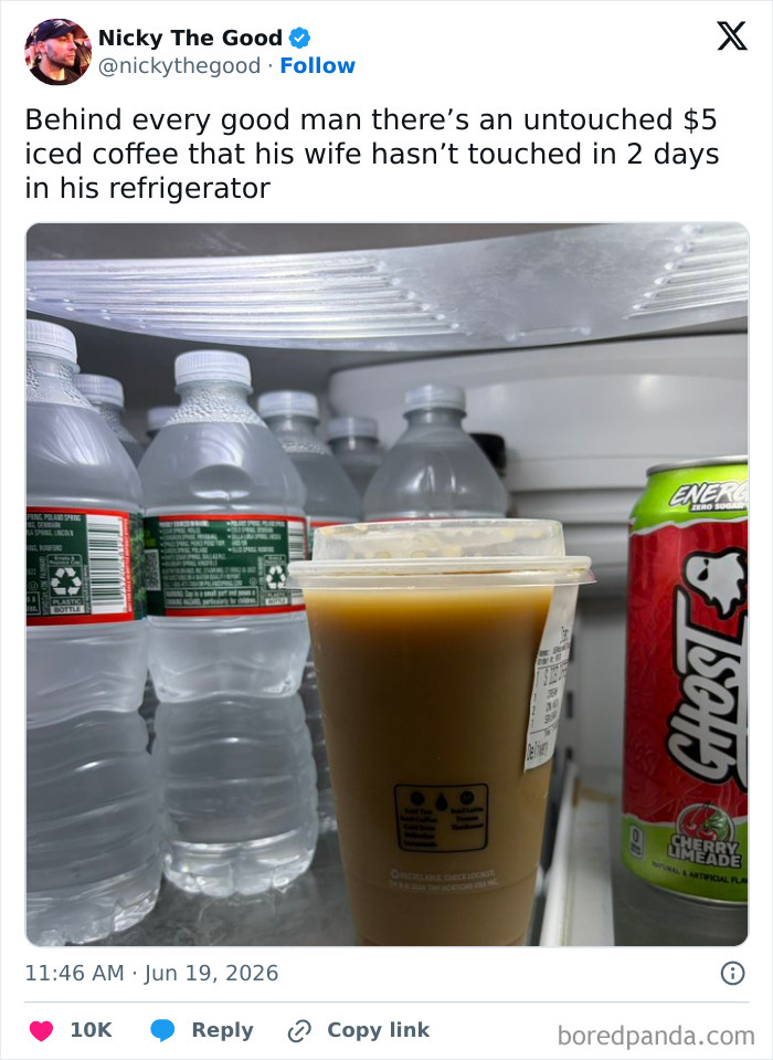 A tweet by Nicky The Good showing an untouched $5 iced coffee in a refrigerator, part of a collection of funny tweets.
