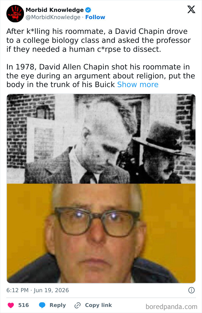 A man wearing glasses, likely related to morbid and sad stories.