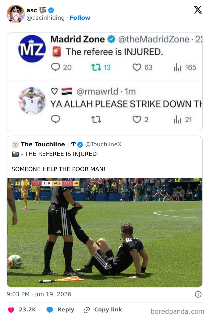 A tweet about an injured referee during a World Cup match, generating funny football fan reactions.