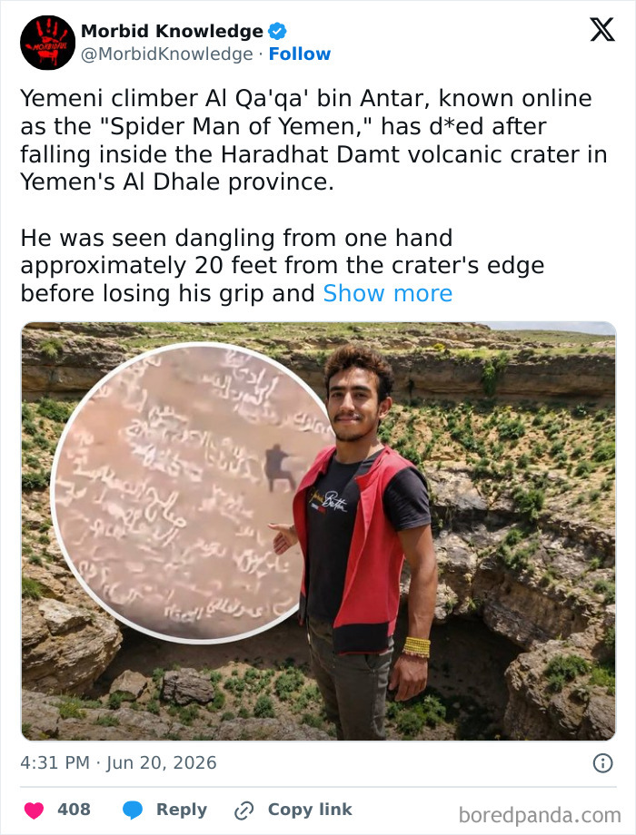 A man smiling in a rocky landscape for morbid and sad stories.