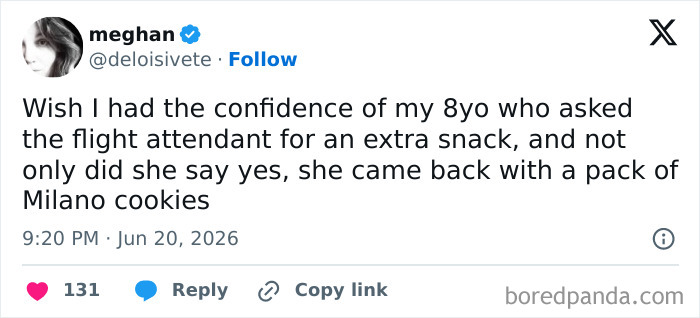 A funny parenting tweet admiring an 8-year-old's confidence in asking for extra snacks on a flight.