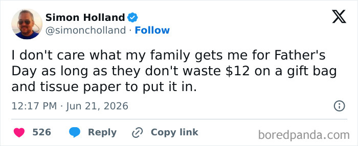 Funny parenting tweet from Simon Holland about Father's Day gifts and not wasting money on gift bags.