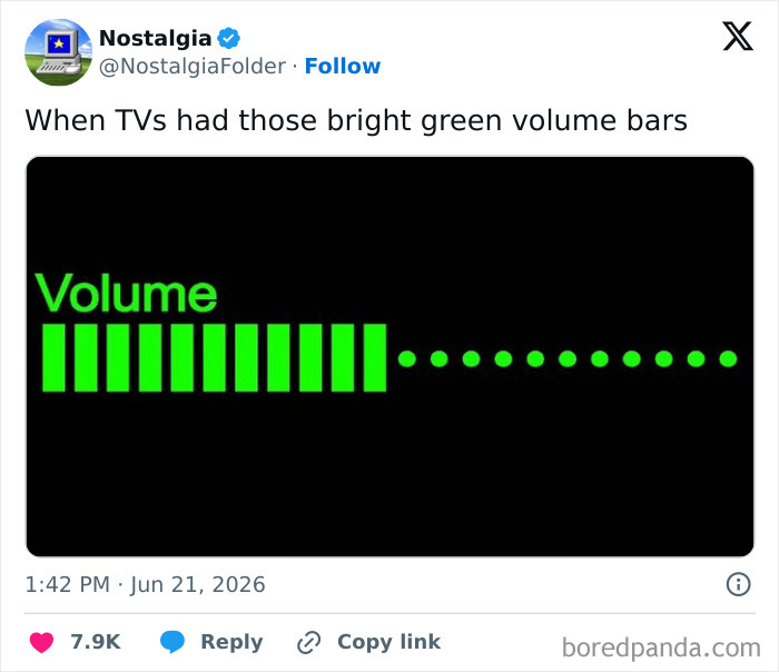 A vintage TV screen showing a bright green volume bar, a familiar sight from the nostalgia folder.