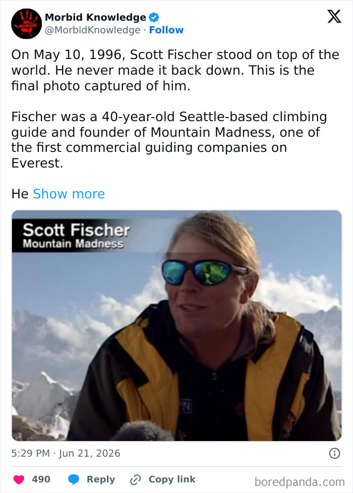Scott Fischer with sunglasses, representing morbid and sad stories from one of the worst days of life.