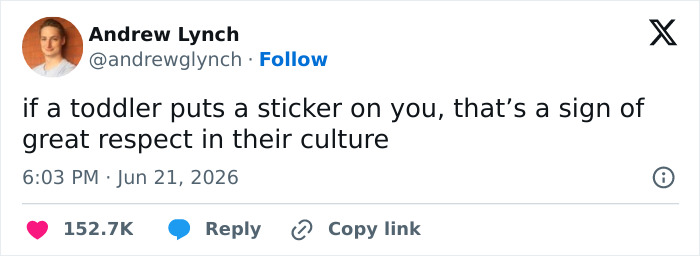 A funny parenting tweet saying a toddler giving a sticker is a sign of respect.