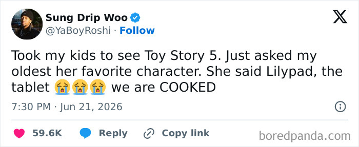A funny parenting tweet from Sung Drip Woo about his kids' unexpected favorite character from Toy Story 5, a tablet called Lilypad.
