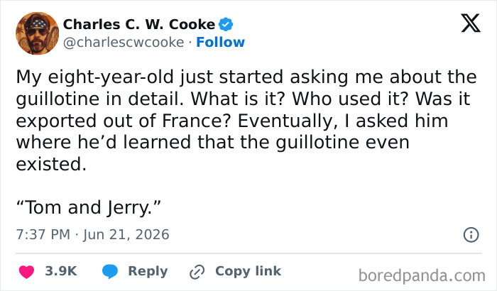 Funny parenting tweet about a dad whose eight-year-old learns about the guillotine from Tom and Jerry.