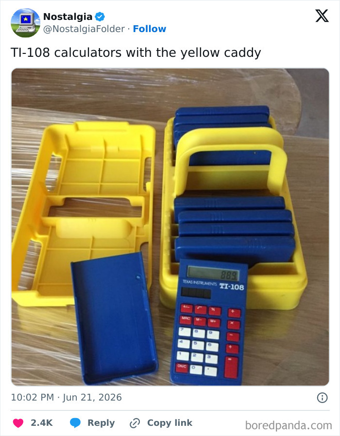 TI-108 calculators in a yellow caddy, a nostalgic image for those who remember school supplies.