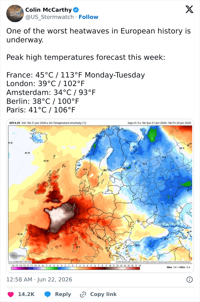 A weather map showing high temperatures across Europe, indicating a severe heat wave and the ongoing climate crisis. A weather map showing high temperatures across Europe, indicating a severe heat wave and the ongoing climate crisis.