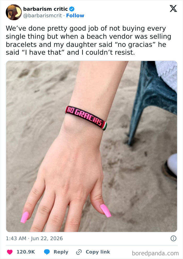 Funny parenting tweet about a mom buying a bracelet that says no gracias because her daughter said she had it.